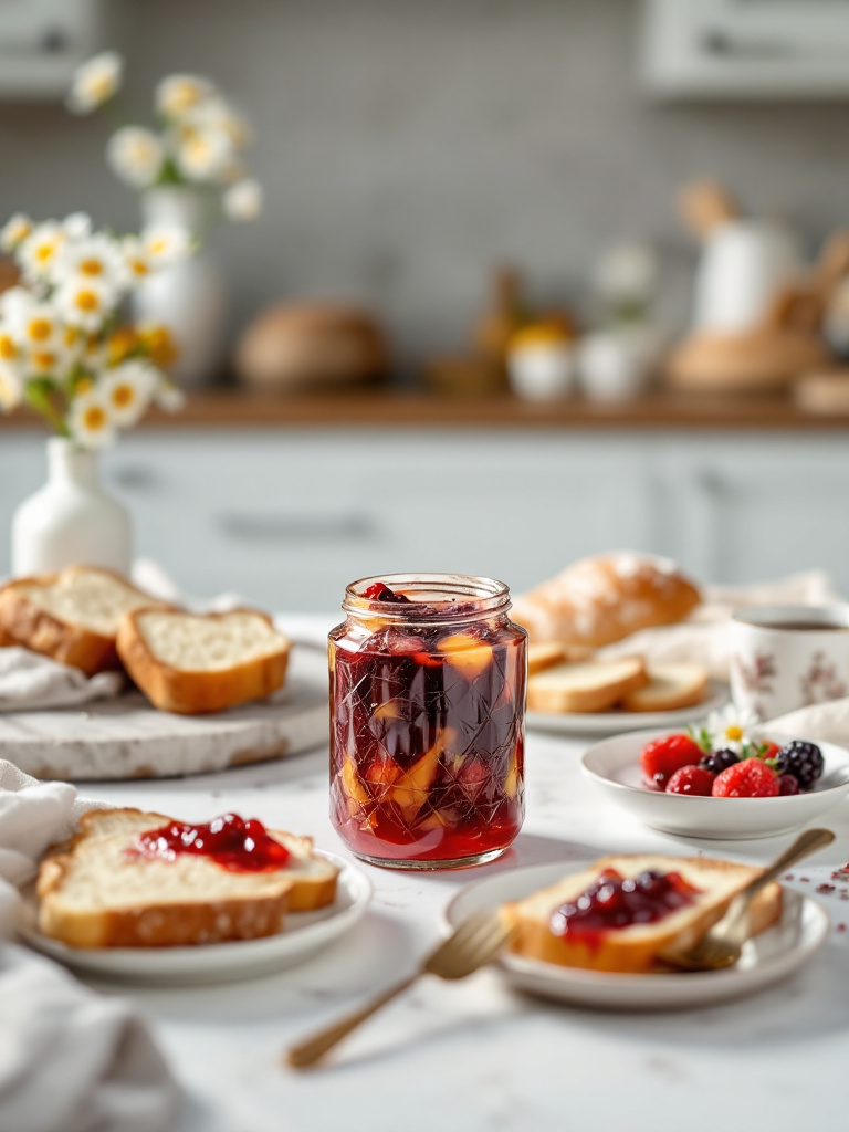 An elegant spread featuring a jar of mixed fruit jam