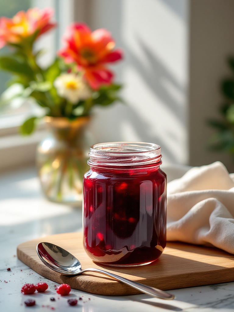 smooth mixed fruit jam in a kitchen setting with flowers